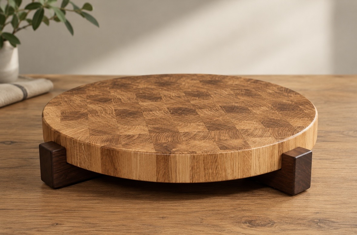 Ronde eiken snijplank van kopshout, met het schaakbordpatroon van de jaarringen, op een kruispoot van notenhout op een houten tafel
